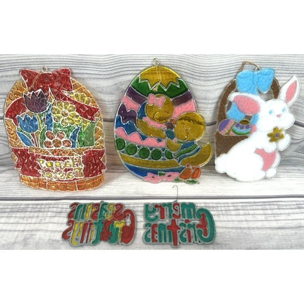 VINTAGE CHRISTMAS STAINED GLASS / EASTER PLASTIC STAINED‎ GLASS LOOK SUNCATCHERS